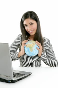 Brunette businesswoman with global map in her hands, communication metaphor