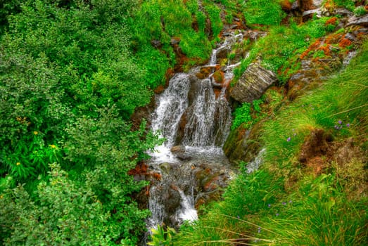 beautiful cascade, next to the trees, in the morning light,  HDR.