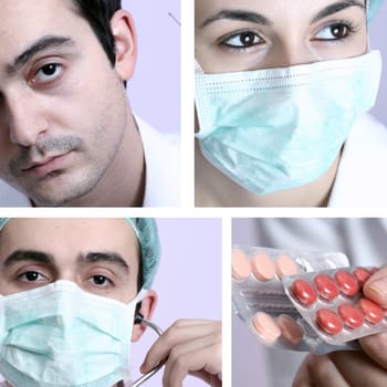 Professional young doctors at work. Collage.