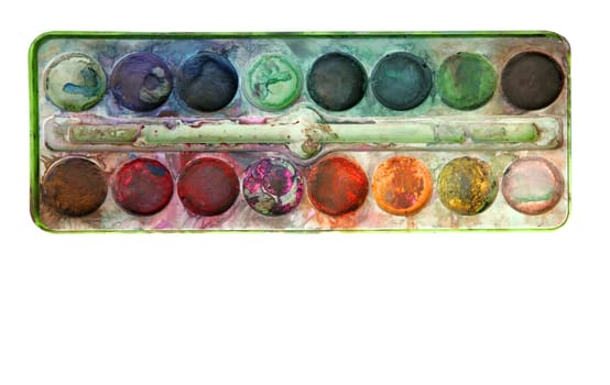 used colorful watercolor palette isolated over white