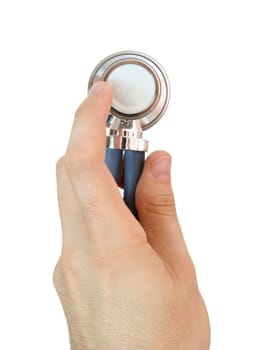 Stethoscope in a mand hand. Isolated on white