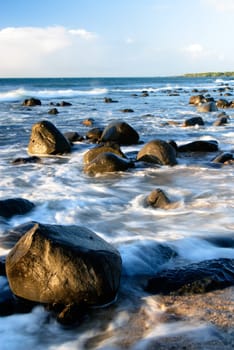 It is sunset of beautiful coral reef coastline.