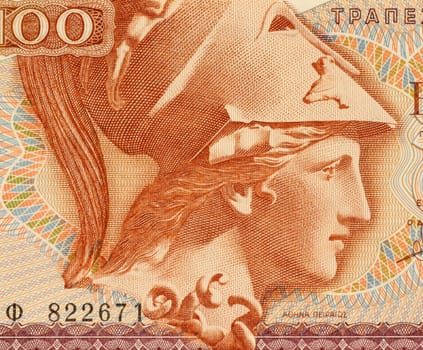 Goddess Athena on 100 Drachmai 1978 Banknote from Greece. The goddess of wisdom, peace, warfare, strategy, handicrafts and reason, shrewd companion of heroes and of heroic endeavour. She is the virgin patron of Athens, which built the Parthenon to worship