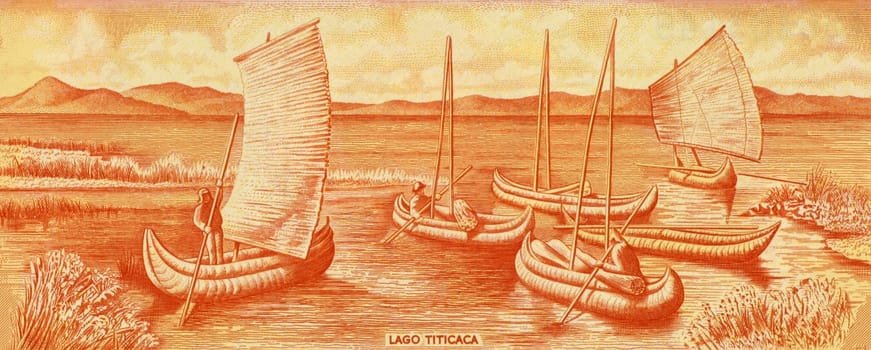 Lake Titicaca on 10 Soles De Oro 1974 Banknote from Peru. One of the highest in altitude commercially navigable lakes in the world and the largest lake in South America by volume of water.