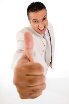 Businessperson with thumb up isolated on white background