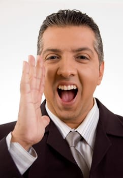 Businessman whispering secrets loud