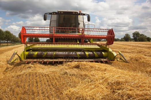 a combine harvester in a field of cut barley in summer