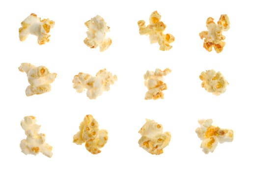 Popped kernels of corn isolated over white background