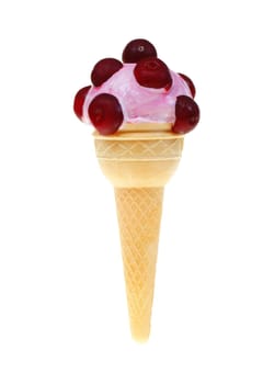 fruity ice cream  with cherry on white background