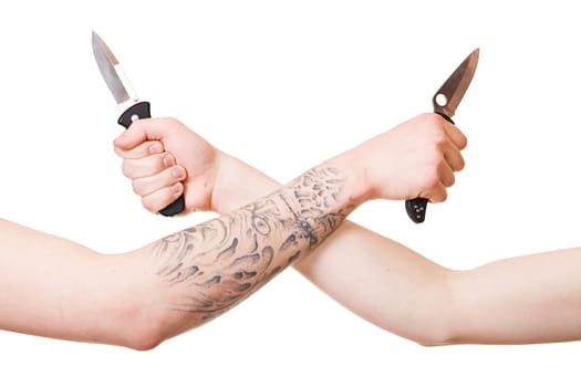 Men's hands with knife isolated on white background.