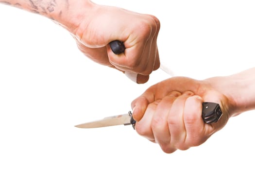 Men's hands with knife isolated on white background.