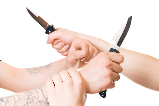 Men's hands with knife isolated on white background.