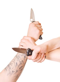 Men's hands with knife isolated on white background.