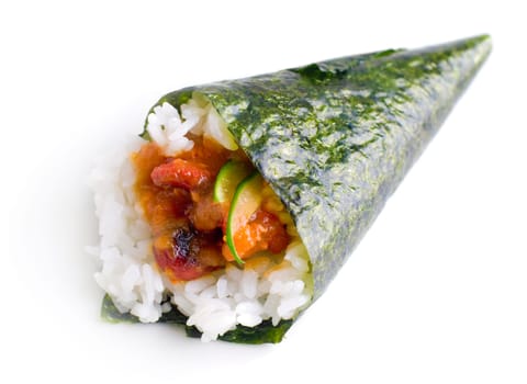 Hand rolled temaki sushi traditional japanese cuisine isolated on white.