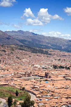 View of the city of Cusco, Peru with the Plaza de Armas at the bottom third of the frame.