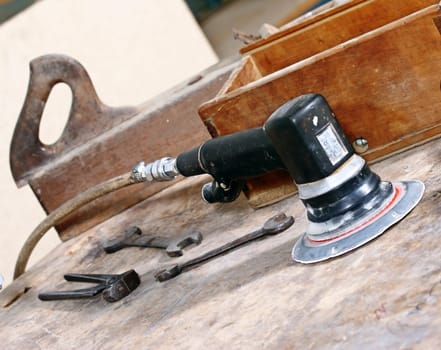 fine image of carpenter tools on old wood work table
