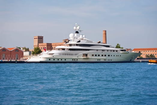 Luxury yacht docked at the port of Venice