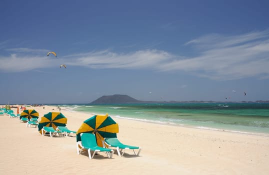 Beach at Corralejo, Fuerteventura Island. Isla de Lobos in the background.