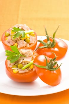 tomatoes stuffed with tuna celery peas corn and soybeans