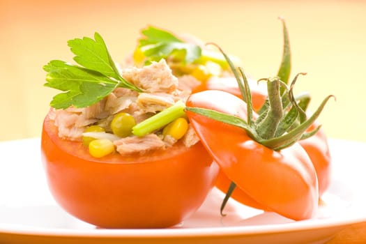 tomatoes stuffed with tuna celery peas corn and soybeans