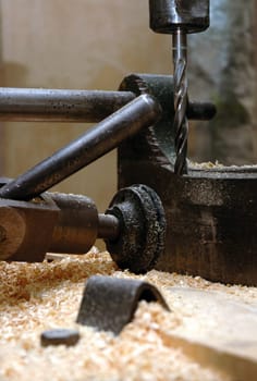 tool, drill and wood, sharp steel instrument