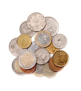 coins over white, euro, rupies, krone, international