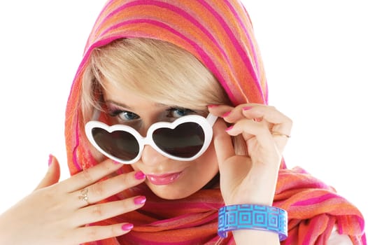 Pretty blonde woman with sun glasses on white background