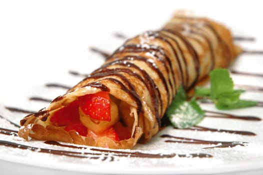 pancake with fruits, strawberry and chocolate