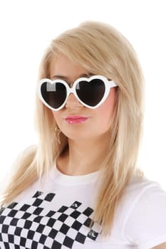 Pretty young girl in white sun glasses. white background.