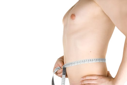 Young man measuring his body, isolated on white background