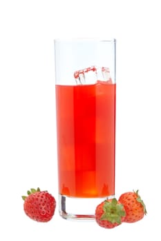 A glass of fresh strawberry juice reflected on white background