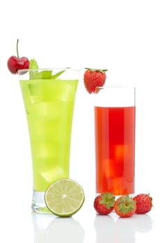 A glass of fresh strawberry and kiwi juice reflected on white background