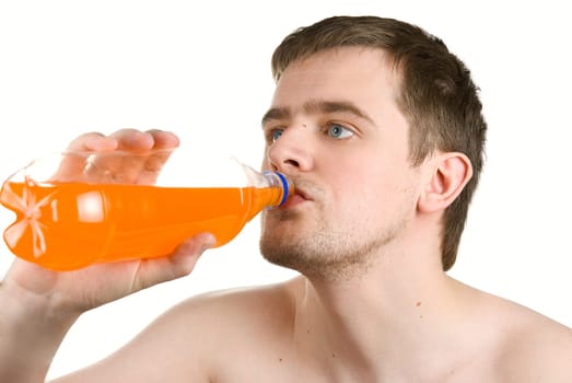Man drinking orange juice isolated on white