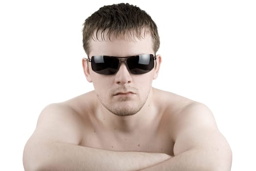 Man in black sunglasses on white