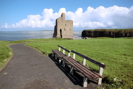 benches with a view of atlantic and castle in ballybunion