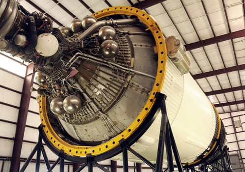 Rocket booster module stored in hangar