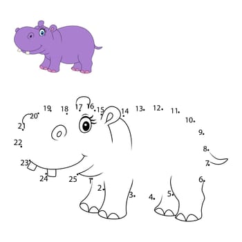 Connect the number to draw the animal educational game for children , Cute hippo