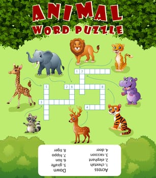 Card with crossword, education game for children about wild animals