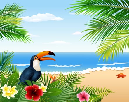 Card with tropical beach, tropical plants and toucan