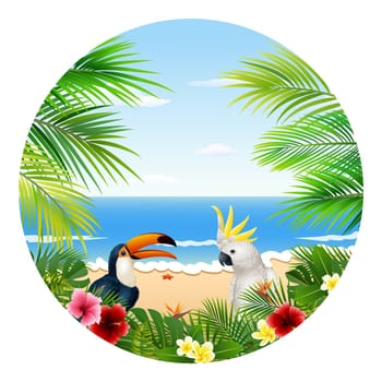Summer card with tropical plant and bird