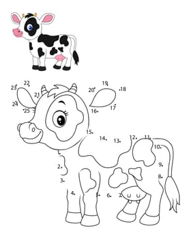 Connect the number to draw the animal educational game for children, Cute little cow
