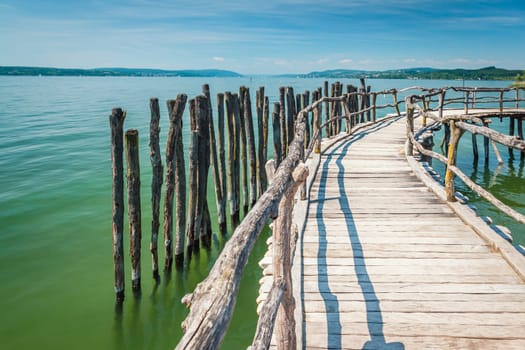 Reconstructed neolithic lake dwelling on the shore of lake Constance, Germany (Bodensee)