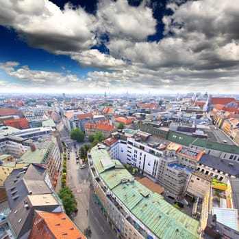 The aerial view of Munich city center from the tower of the Peterskirche