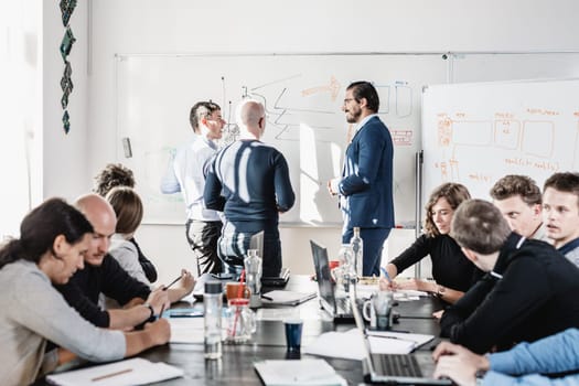 Relaxed informal IT business startup company meeting. Team leaders discussing and brainstorming new approaches and ideas with colleagues. Startup business and entrepreneurship concept.
