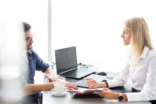 Business meeting. Client consulting. Confident business woman, real estate agent, financial advisor explaining details of project or financial product to client in office