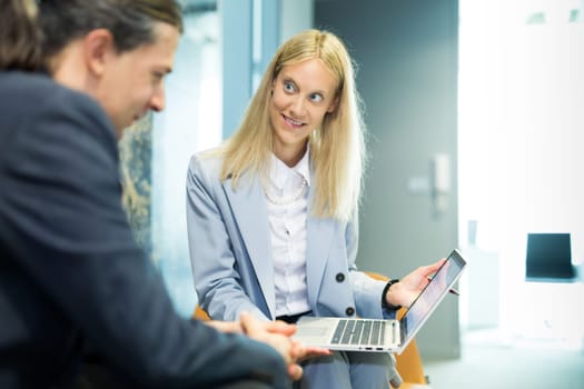 Business meeting. Client consulting. Confident business woman, real estate agent, financial advisor explaining details of project or financial product to client in office