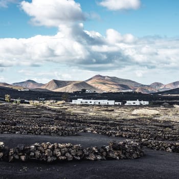 Traditional white houses in black volcanic landscape of La Geria wine growing region with view of Timanfaya National Park in Lanzarote. Touristic attraction in Lanzarote island, Canary Islands, Spain