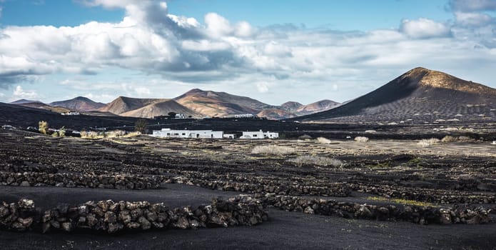 Traditional white houses in black volcanic landscape of La Geria wine growing region with view of Timanfaya National Park in Lanzarote. Touristic attraction in Lanzarote island, Canary Islands, Spain