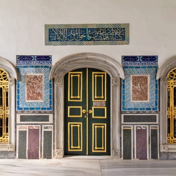 Beautiful ornate green and gold Door in Baghdad Kiosk, Topkapi Palace, Istanbul, Turkey