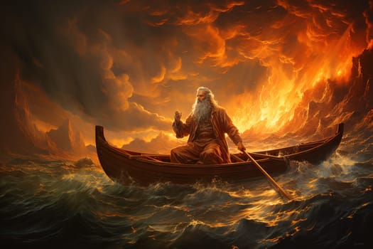 Peter fishing on the Sea of Galilee, high water waves, Jesus walks on water, miracle of the bible, christianity and religion belief, generative AI